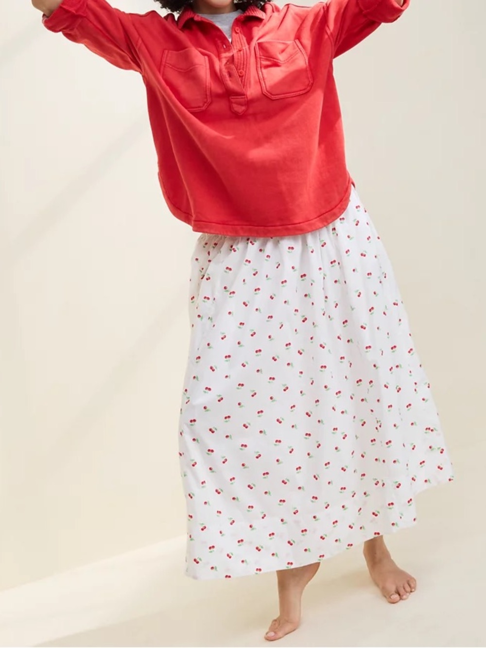 Aerie Women’s The New Essential Skirt Size XL Cotton Poplin Cherry Print Maxi